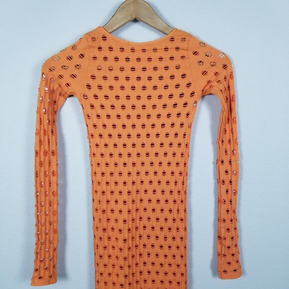 Maisie Wilen Orange Laser-Cut Perforated Orange Midi Bodycon Dress One Size - Picture 10 of 14